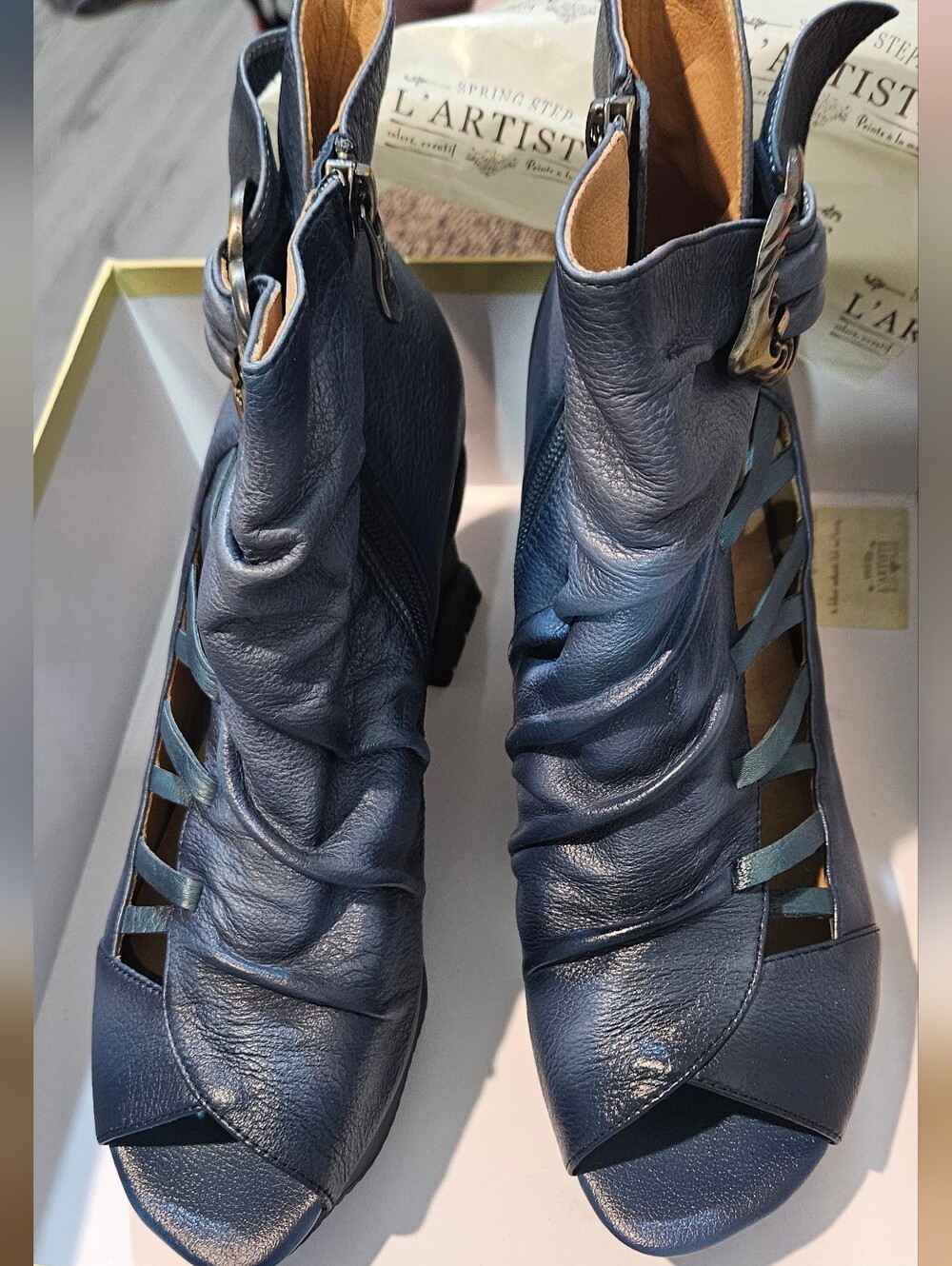 NWT L'Artiste Spring Step Negara Women’s Denim Cutout Leather BootsShoes Heels